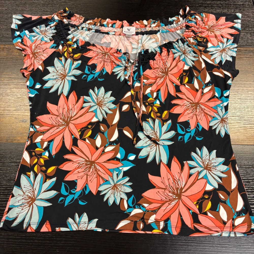 Worthington Women Petite Stretch Floral Blouse BlackCoralTurquoise PL Cap Sleeve